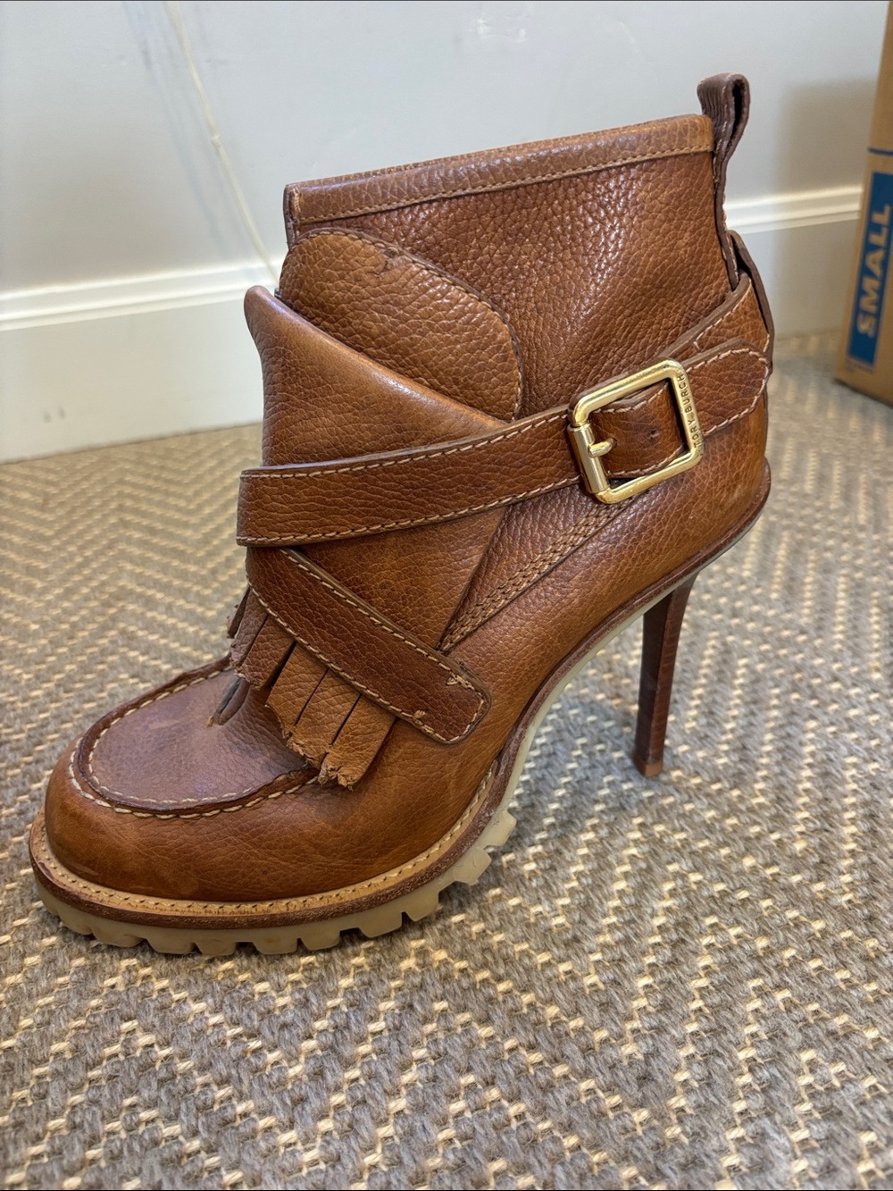Tory Burch Brown Leather Fringe Buckle High-Heel Ankle Boot